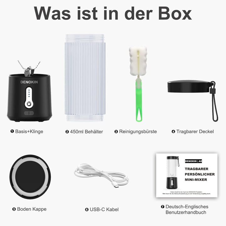 DENOKIN Tragbarer Mixer to Go/Blender/Smoothie Maker, 450ml Becher, Kabellos & USB-C Wiederaufladbar