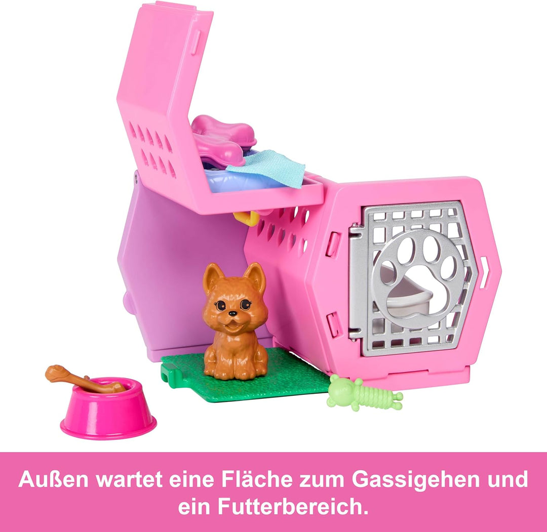 Barbie Chelsea Welpentrage-Spielset, kleine Blonde Puppe und Zubehör, Transportbox, mit Spielzeug fü