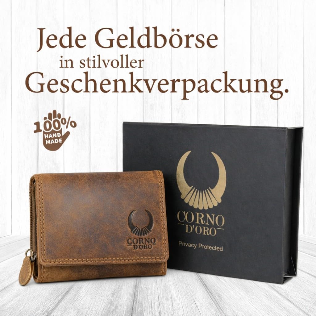 Corno d´Oro Handmade Kleines Portemonnaie Damen Leder I Mini Geldbörse Damen mit RFID Blocker und Mü