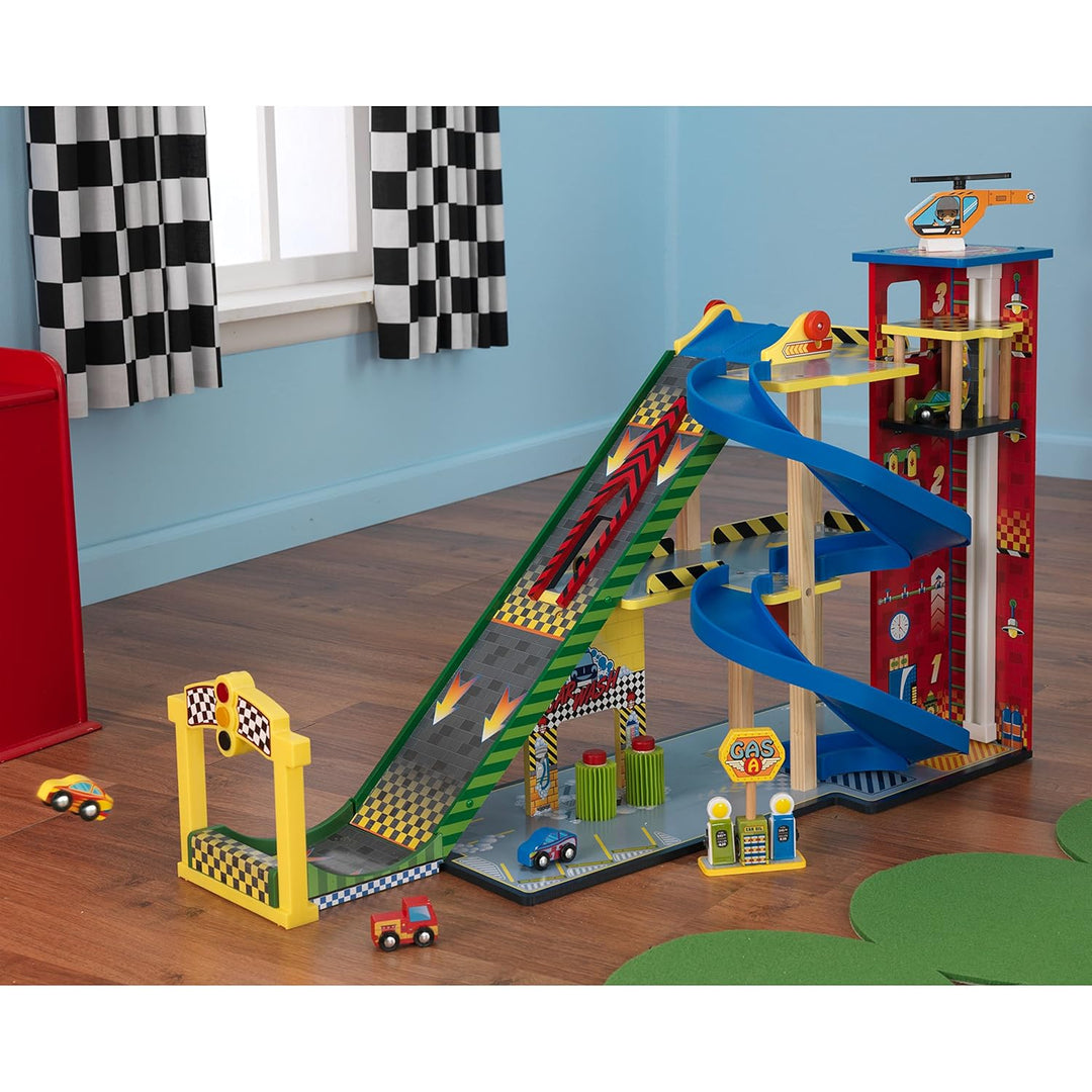 KidKraft 63267 Rennwagen Rennbahn-Set mit Mega-Rampe aus Holz,