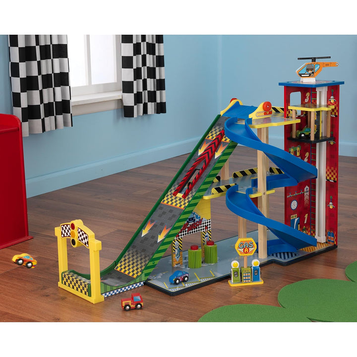 KidKraft 63267 Rennwagen Rennbahn-Set mit Mega-Rampe aus Holz,