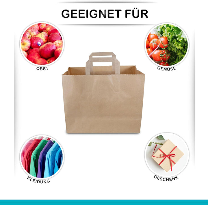 Commerline Papiertüten 250 Stück, Braun, 32+17x27 cm | Kraftpapier Tüten Klein Mit Henkel | Tragetas