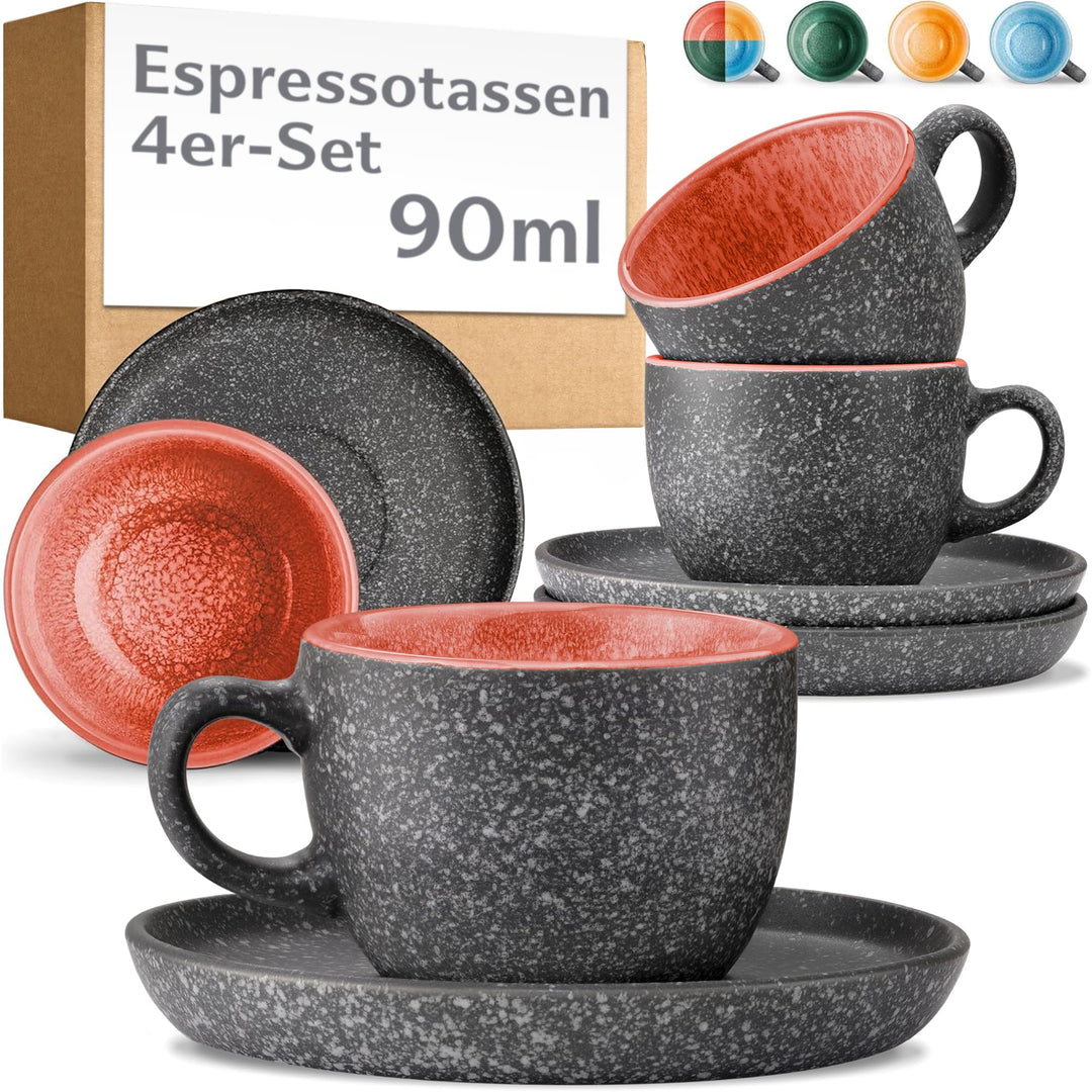 Cosumy Espressotassen mit Untertassen 4er Set - 90 ml Keramik, 𝗗𝗶𝗰𝗸𝘄𝗮𝗻𝗱𝗶𝗴𝗲𝘀 Steingut mit Handgeferti