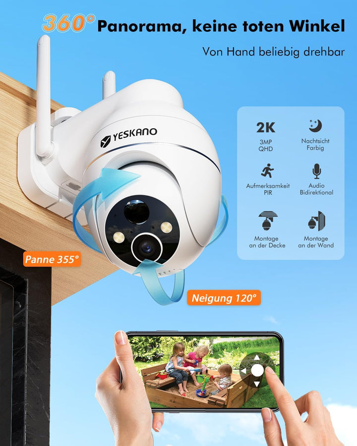 YESKANO Überwachungskamera Aussen Solar, 2K Kamera Outdoor mit 360°-Überwachung, Wlan Kamera Akku, F