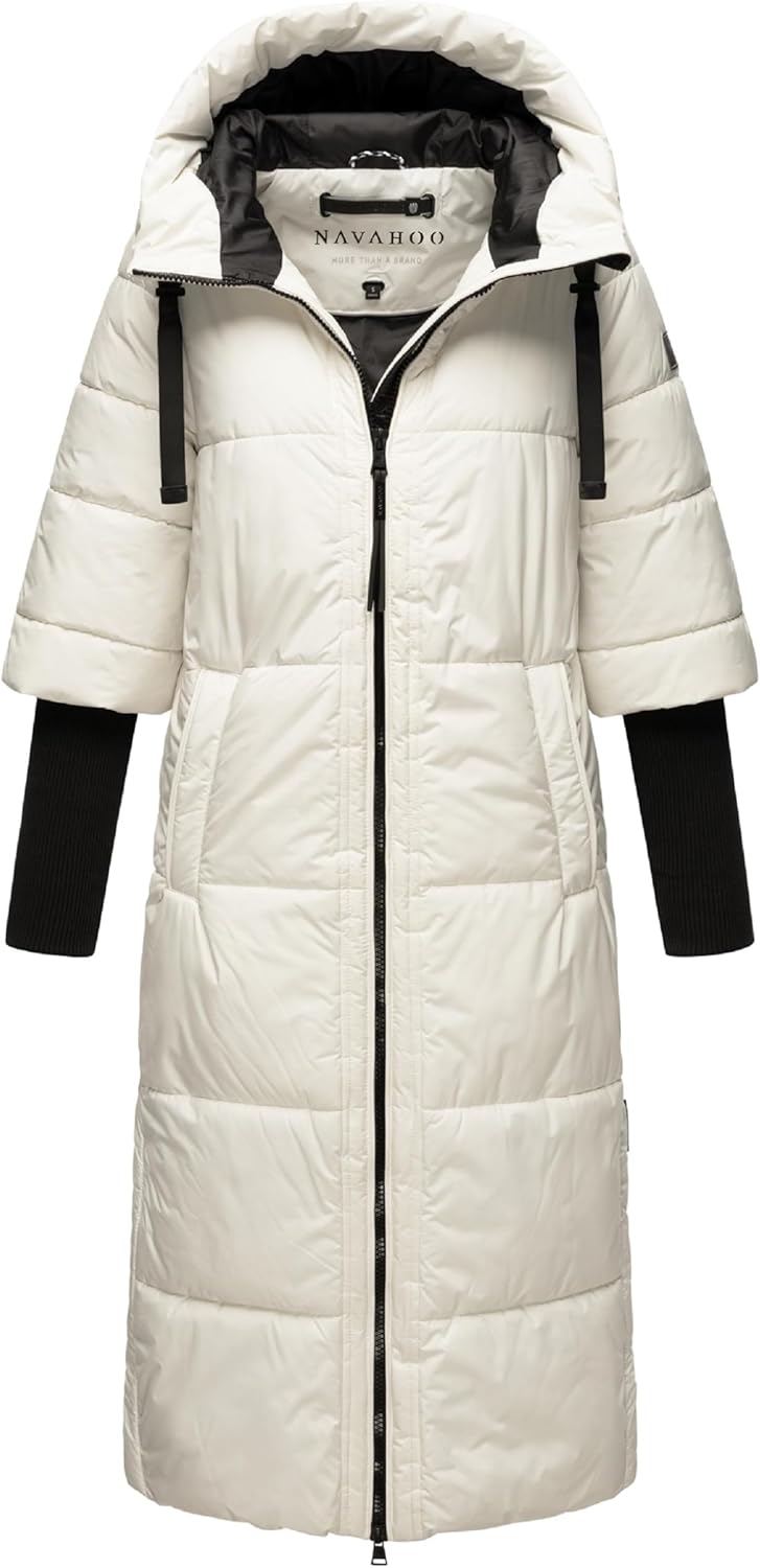 Navahoo Damen Wintermantel warmer Steppmantel lang mit Kapuze und Rippstrickärmeln Ciao Miau XIV XS-