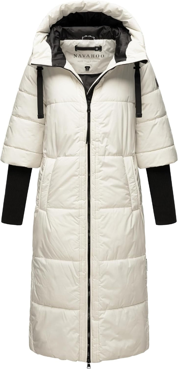 Navahoo Damen Wintermantel warmer Steppmantel lang mit Kapuze und Rippstrickärmeln Ciao Miau XIV XS-