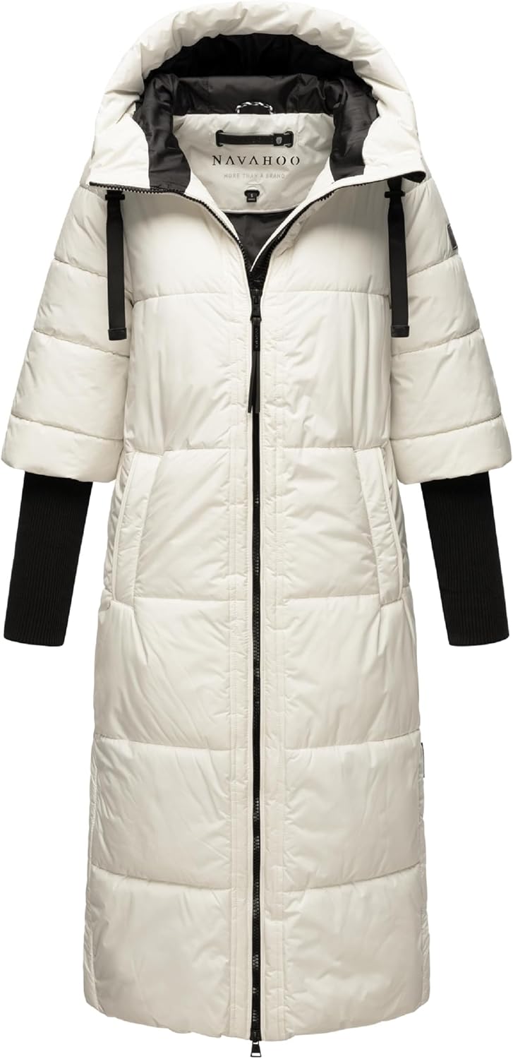 Navahoo Damen Wintermantel Warmer Steppmantel lang mit Kapuze und Rippstrickärmeln Ciao MIAU XIV XS-