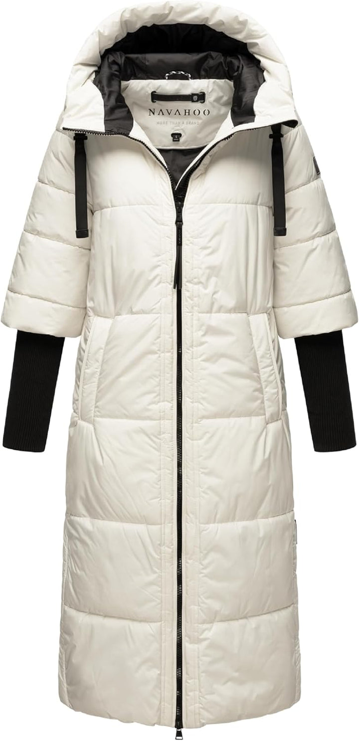 Navahoo Damen Wintermantel Warmer Steppmantel lang mit Kapuze und Rippstrickärmeln Ciao MIAU XIV XS-