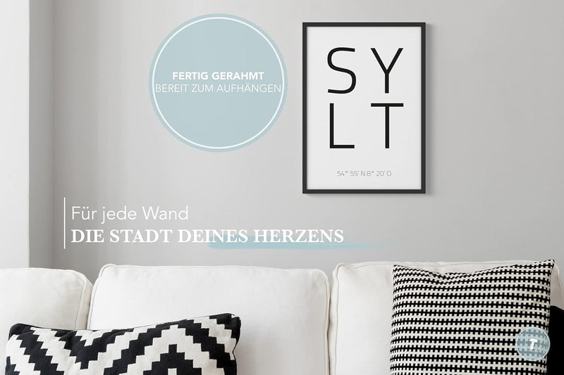 Papierschmiede® Geo Poster Koordinaten Sylt, A3 Gerahmt im Holzrahmen (schwarz), Stadt Bild als Wand