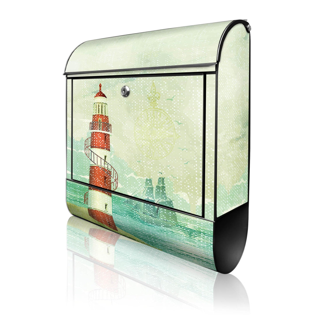 banjado® Design Briefkasten mit Motiv Alter Leuchtturm 39x47x14cm &amp; 2 Schlüssel - Briefkasten Stahl