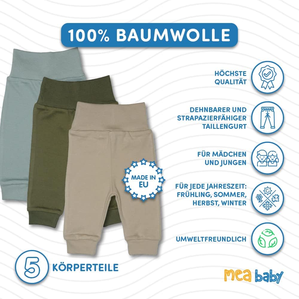 MEA BABY 5er Pack Baby Hosen Unisex für Jungen &amp; Mädchen | Pumphose aus 100% Baumwolle mit breitem B