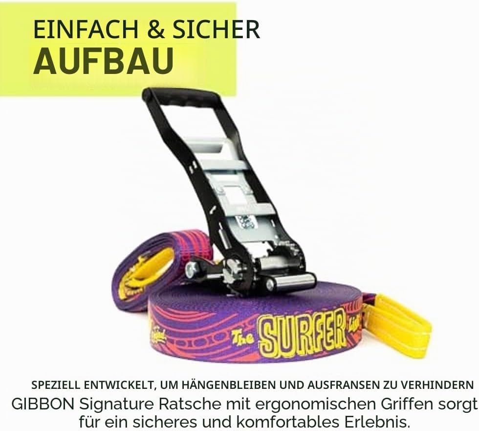 Gibbon Slacklines SurferLine | 30m Trick &amp; Waterline Set | Inkl. Ratschenschutz &amp; TreeWear | Einfach
