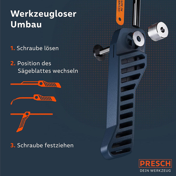 Presch Mini Metallsäge Flexibel 300mm - 3in1 Bügelsäge inkl. Metallsägeblatt - Verstellbarer Sägehan