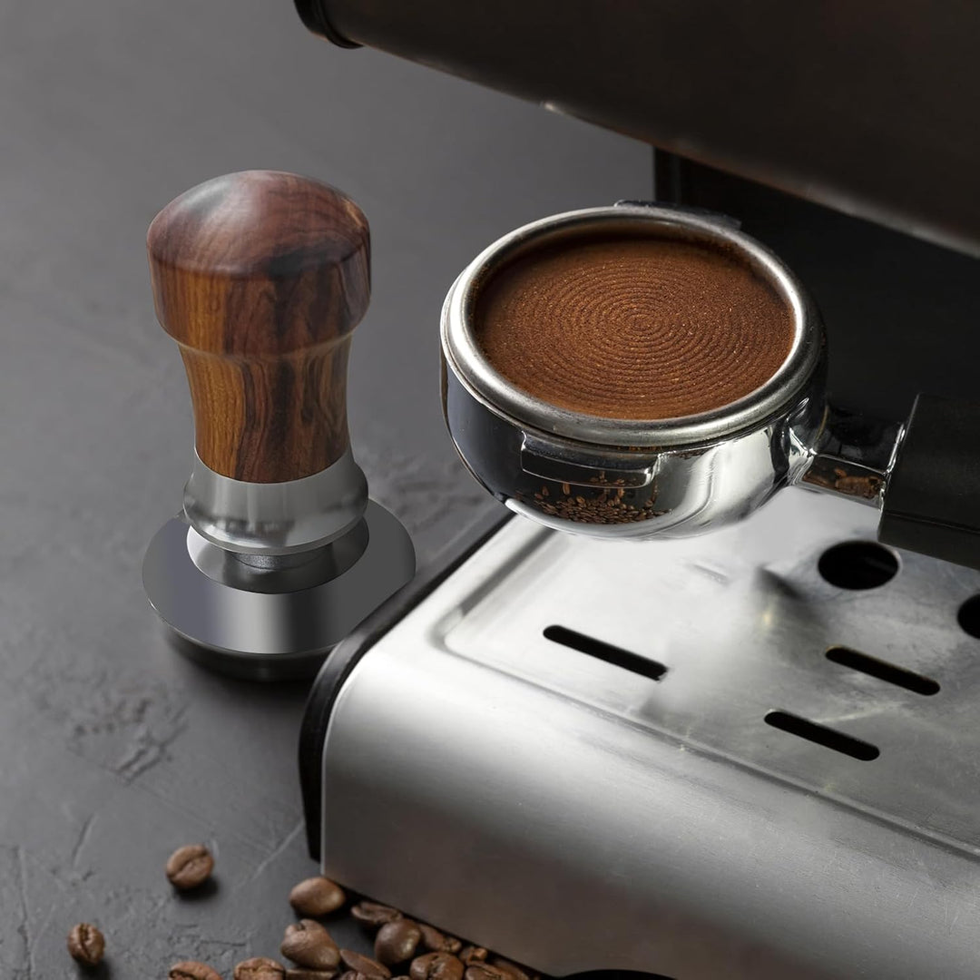 Tamper 51mm, Federbelastet Kaffee Tamper mit Edelstahl 304 Gewindeboden, Espresso Tamper mit Holzgri