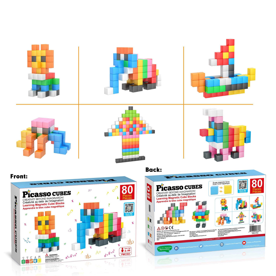 PicassoTiles Magnet-Würfel-Bausteine, 80 Stück, 3 cm, magnetische Würfel, Spielzeug, Konstruktion, G