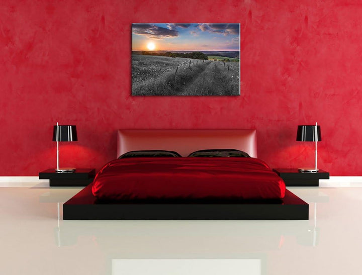 Pixxprint Bergwiese im Sonnenaufgang / 100x70cm Leinwandbild bespannt auf Holzrahmen/Wandbild Kunstd