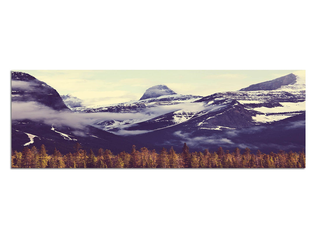 Paul Sinus Art Panoramabild auf Leinwand und Keilrahmen 150x50cm Kanada Berge Wald Schnee Nebel