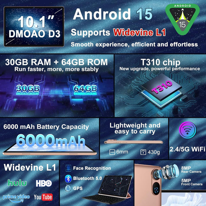 DMOAO Tablet 10 Zoll Android 15 mit Tastatur, Gemini AI, 30GB RAM + 64GB ROM (2TB Erweiterung), 5G W