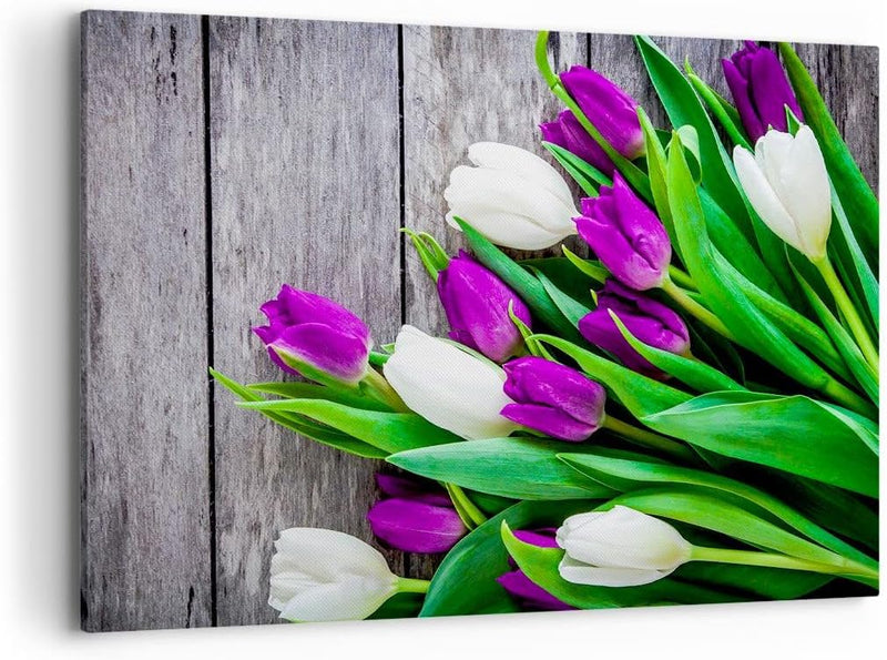 Bilder auf Leinwand 100x70cm Leinwandbild Tulpen Holz Blumenstrauss Blumen Gross Wanddeko Bild Schla