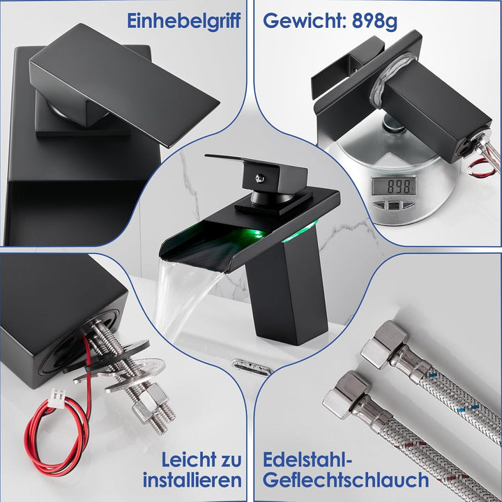 LED Einhebelmischer Waschbecken Wasserhahn, RGB 3 Farbwechsel Armatur mit Temperatursensor, Wasserfa