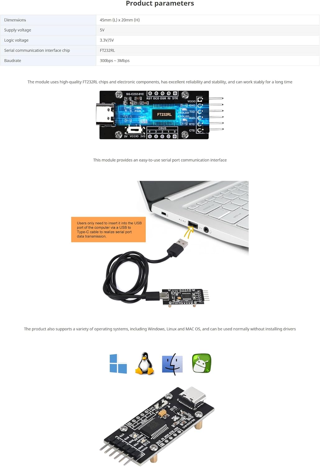 FT232RL USB-C to Serial Converter - USB 2.0 Type-C Adapter with Driver-Free Plug & Play, TTL 3.3V/5V