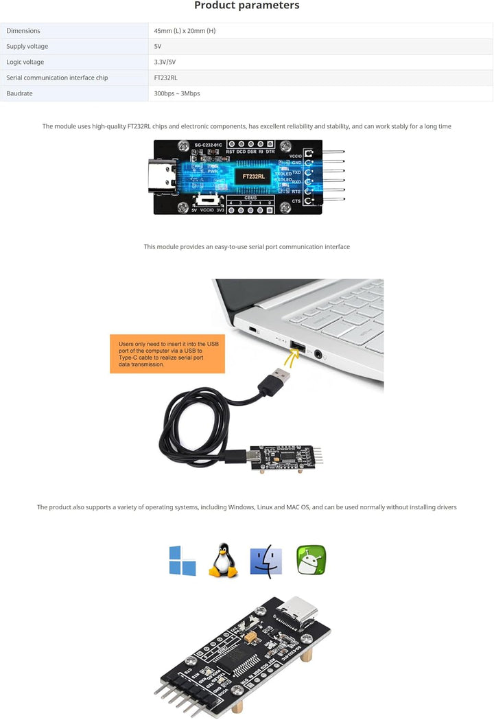 FT232RL USB-C to Serial Converter - USB 2.0 Type-C Adapter with Driver-Free Plug & Play, TTL 3.3V/5V