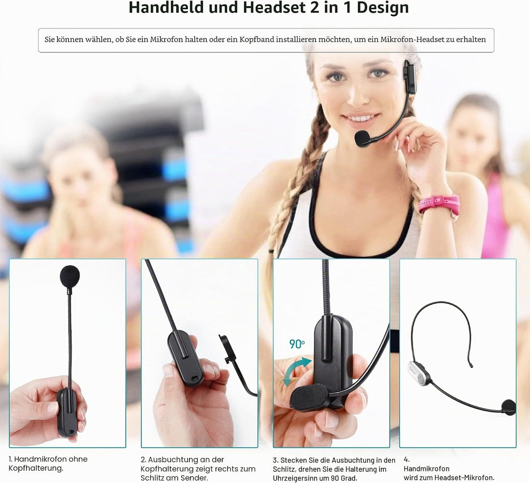Bietrun UHF-Headset mit kabellosem Mikrofon, 50 m Reichweite, Betriebszeit 6 Stunden, 6,35-mm-Stecke