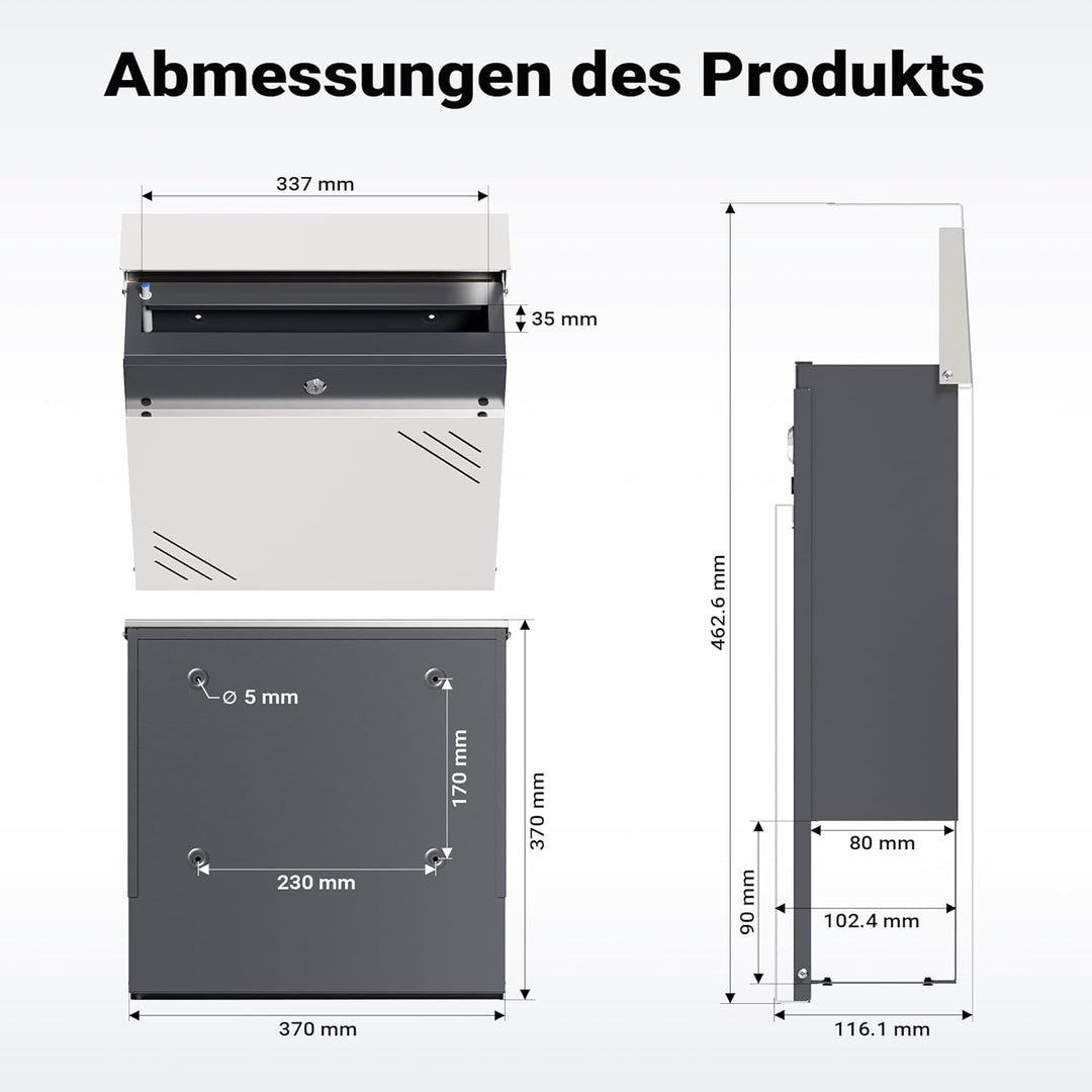 Wiltec Briefkasten Edelstahl V63 37 x 11 x 37 cm, Wandbriefkasten mit Zeitungsfach und Schlüssel Sil