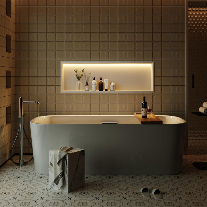 Wandnische Dusche Edelstahl mit LED Licht, Eingebettete Duschnische Weiss Einzelregal Lagerung für B