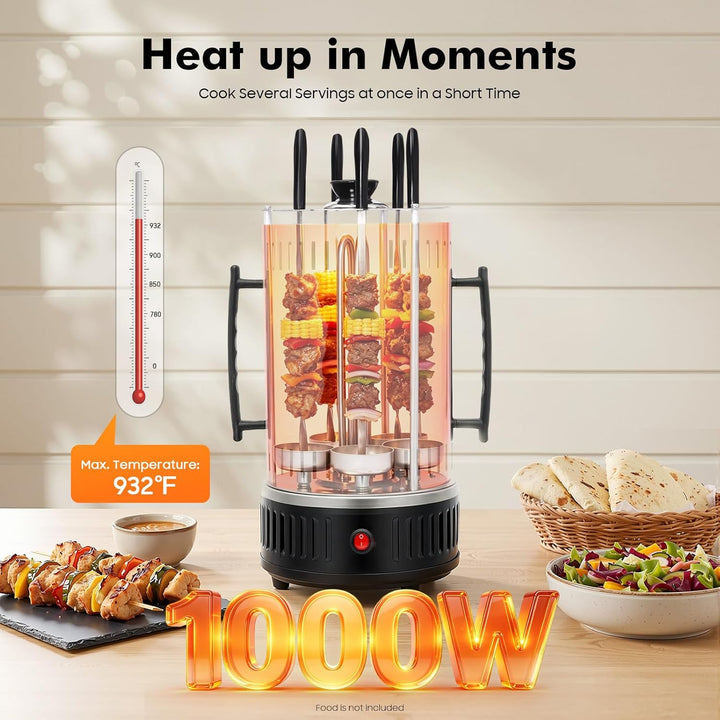 1000W Vertikaler Elektrogrill, Schaschlikgrill Tischgrill Dönergrill mit 5 Spiesse Kebab BBQ Elektri