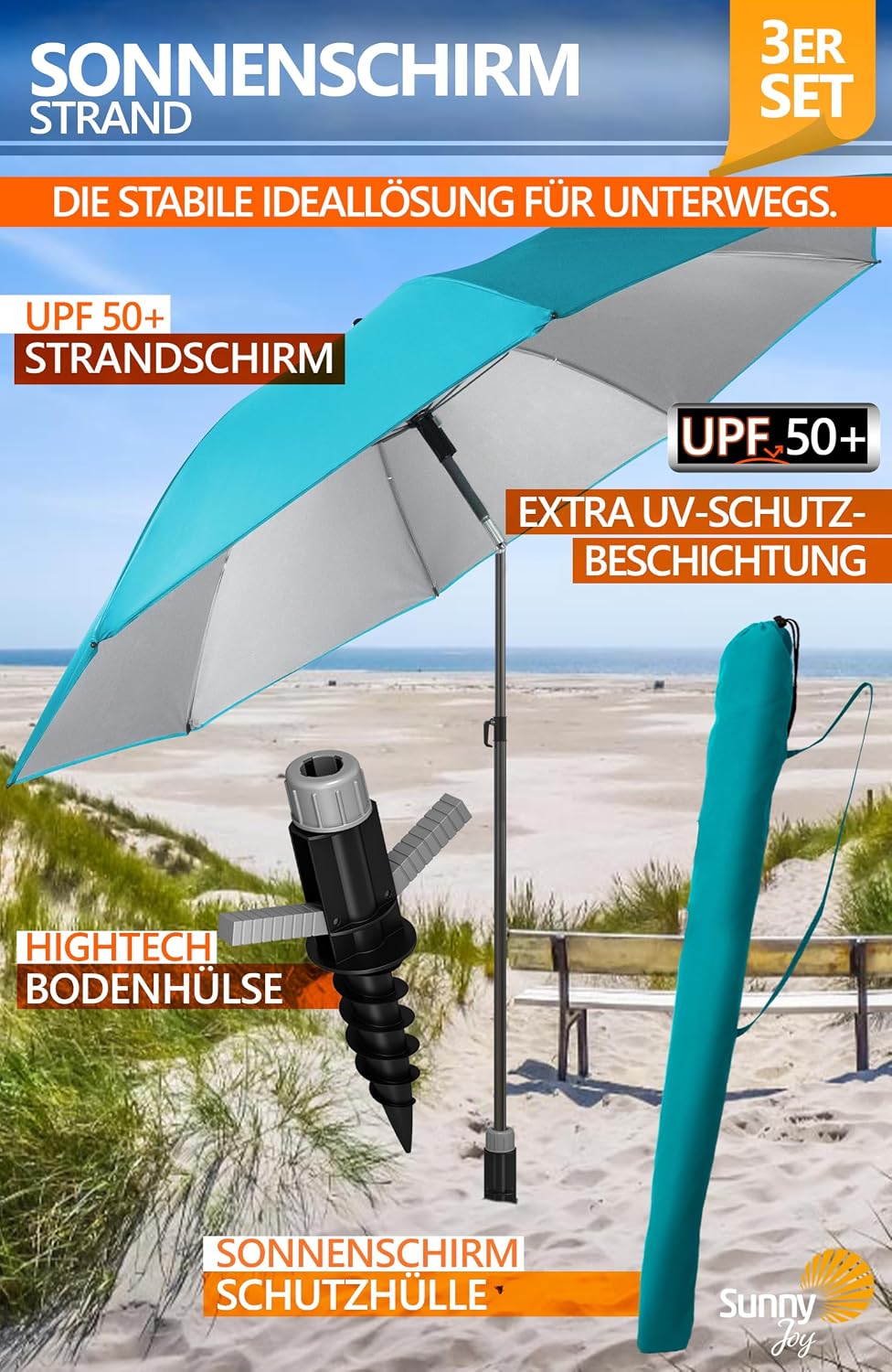 4smile Sonnenschirm Strand SunnyJoy Ø 200 cm, 3er Set - Strandschirm mit UV Schutz 50+, inkl. Sonnen