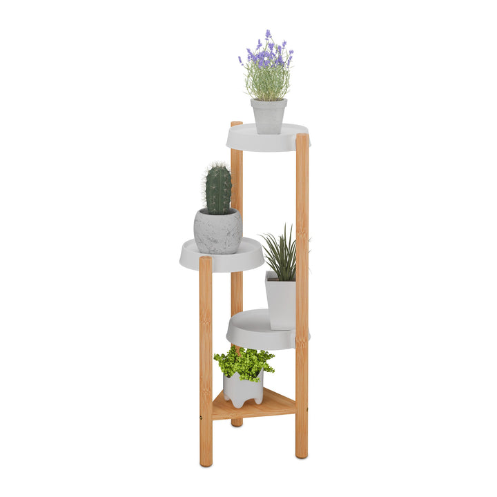 Relaxdays Pflanzenständer, 4 Ablagen, innen, Bambus & Kunststoff, HxBxT: 78 x 28 x 34 cm, Blumenstän