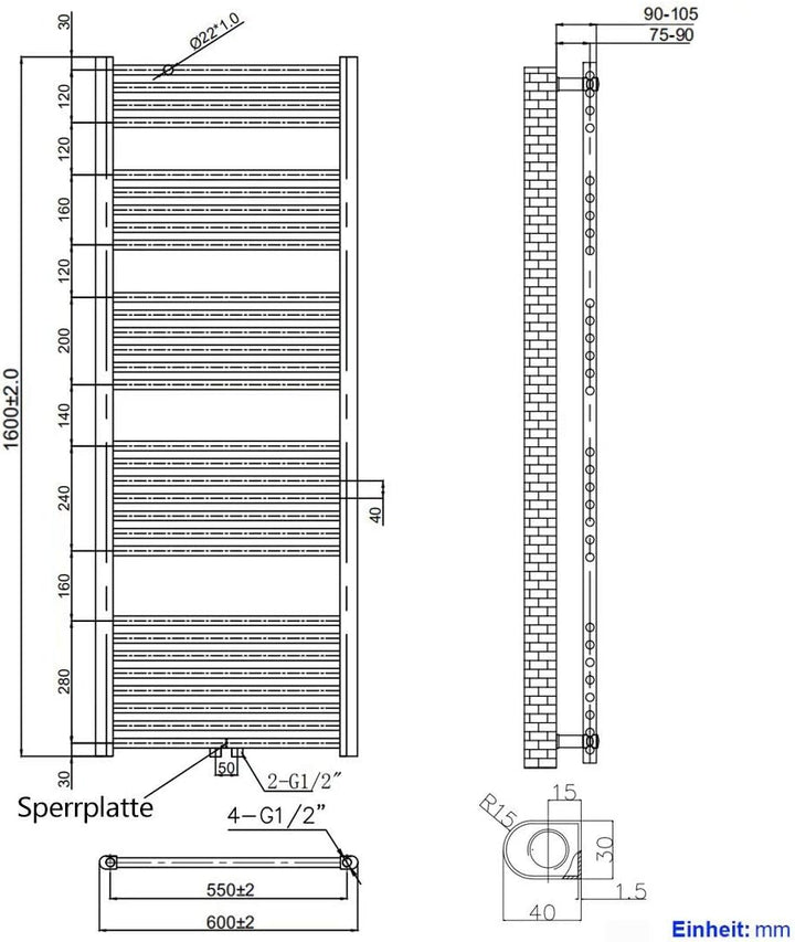 Heilmetz Handtuchtrockner Badheizkörper 1600 x 600 mm Anthrazit Handtuchheizkörper für Wasser Heizkö