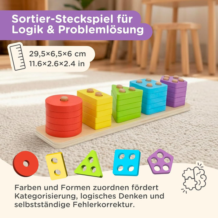 Nene Toys Montessori Holzspielzeug ab 1 Jahr – FSC 3-in-1 Regenbogen, Stapelturm & Sortier-Steckspie