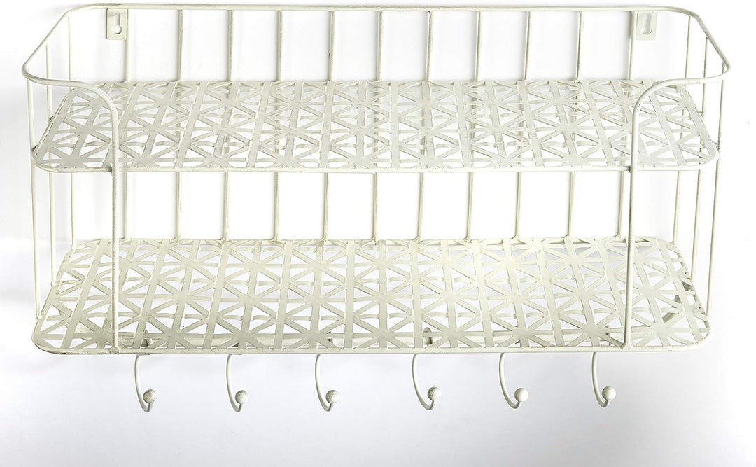 Kobolo Wandregal Hängeregal Küchenregal - 6 Haken - Metall - Weiss Creme - 50x16x34 cm