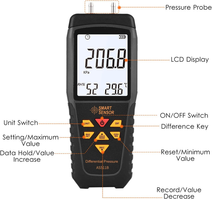 KKnoon AS511B Digitales Differenzdruckmessgerät -206,8~206,8 KPA Manometer Luftgasdruckprüfgerät mit