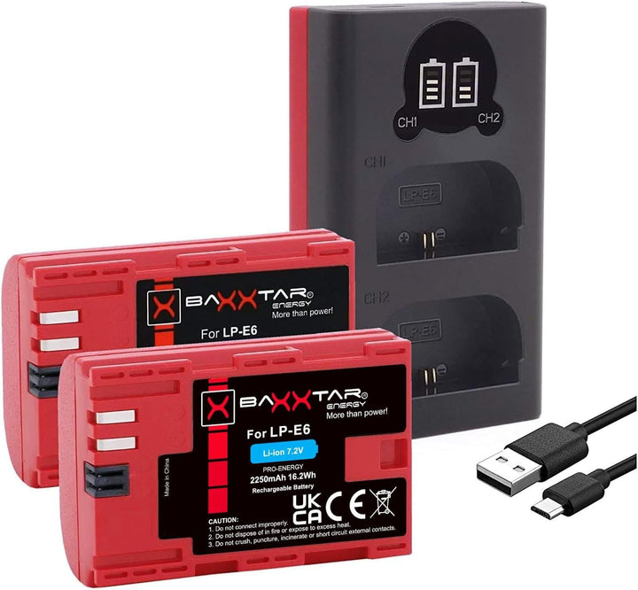 Baxxtar Pro LP-E6 Akku Pack / 2040mAh / mit 18602 LCD DUAL Ladegerät (Eingang USB-C und MicroUSB) 2x