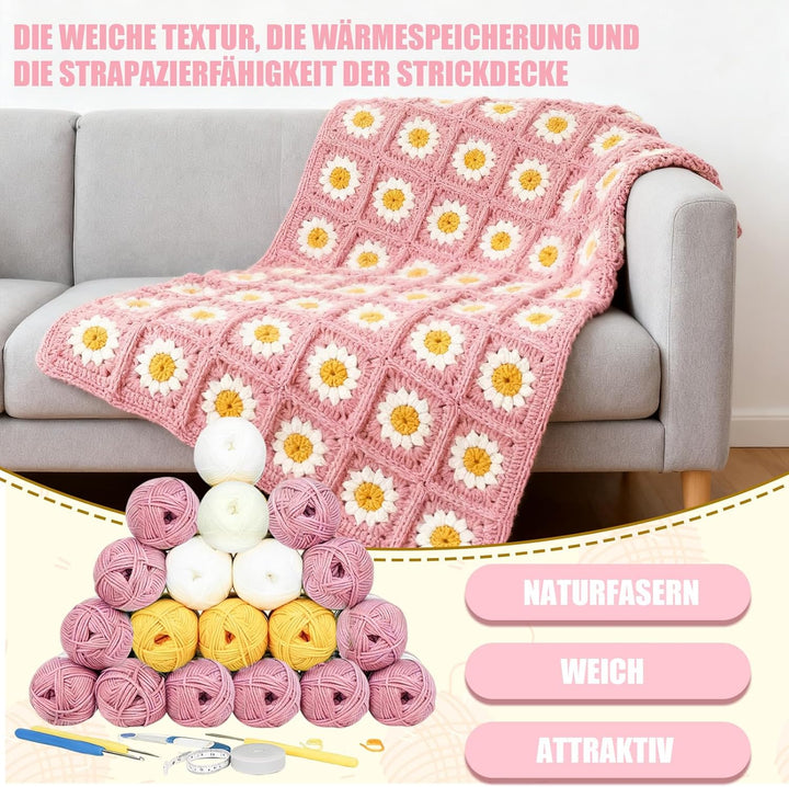 CZCMYAU Häkelset für Anfänger,Komplettes Häkeldeckensatz für Erwachsene,Granny Square Decke Häkelsta