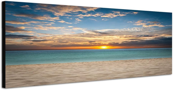 Paul Sinus Art Panoramabild auf Leinwand und Keilrahmen 150x50cm Meer Sandstrand Sonnenuntergang Wol