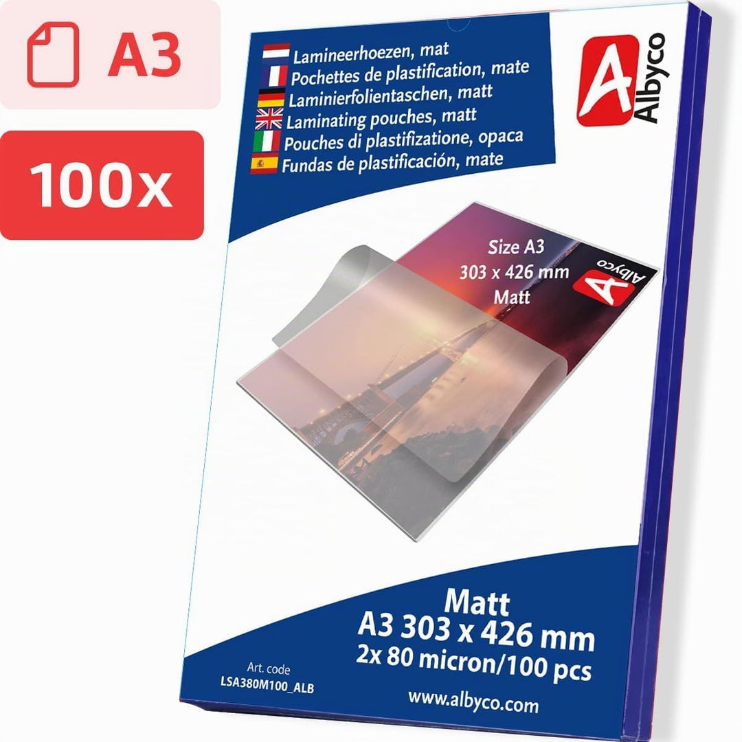 Albyco - Matte Laminierfolien A3 Qualität 160 Mikron (2x80 Mikron) - 100 Stück - Folien A3 Matt, Lam