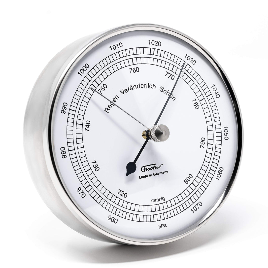 Fischer 15.01 - Barometer - 103mm Druckmessgerät mit Edelstahl-Gehäuse und weissem Ziffernblatt - Ma