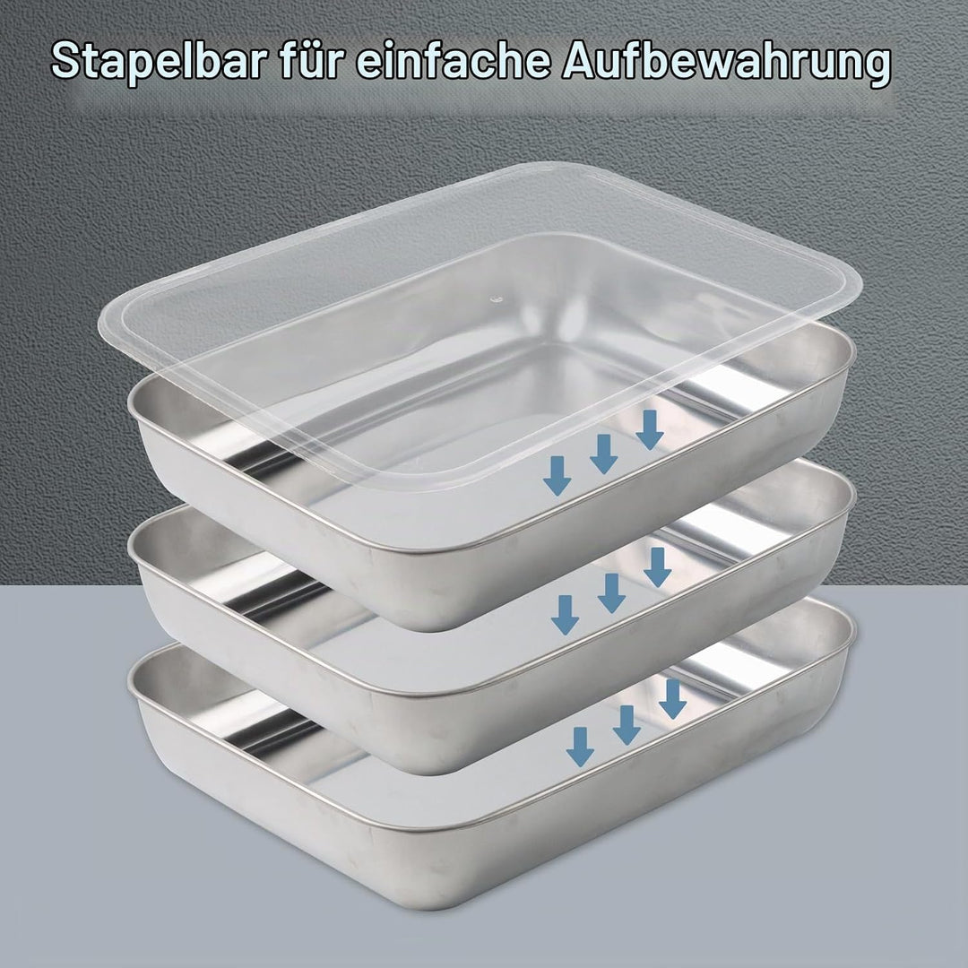 Brotschalen Edelstahl 3er Set Rechteckig GN Behälter mit Deckel 25,5 x 20 x 5 cm für Schnitzel, Flei