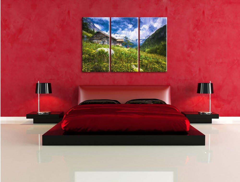 Pixxprint Berghütte Pinsel Effekt 3-Teiler Leinwandbild 120x80 Bild auf Leinwand
