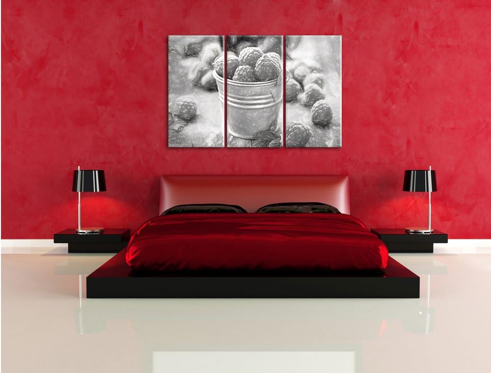 Pixxprint Himbeeren im Blecheimer Kohle Effekt 3-Teiler Leinwandbild 120x80 Bild auf Leinwand