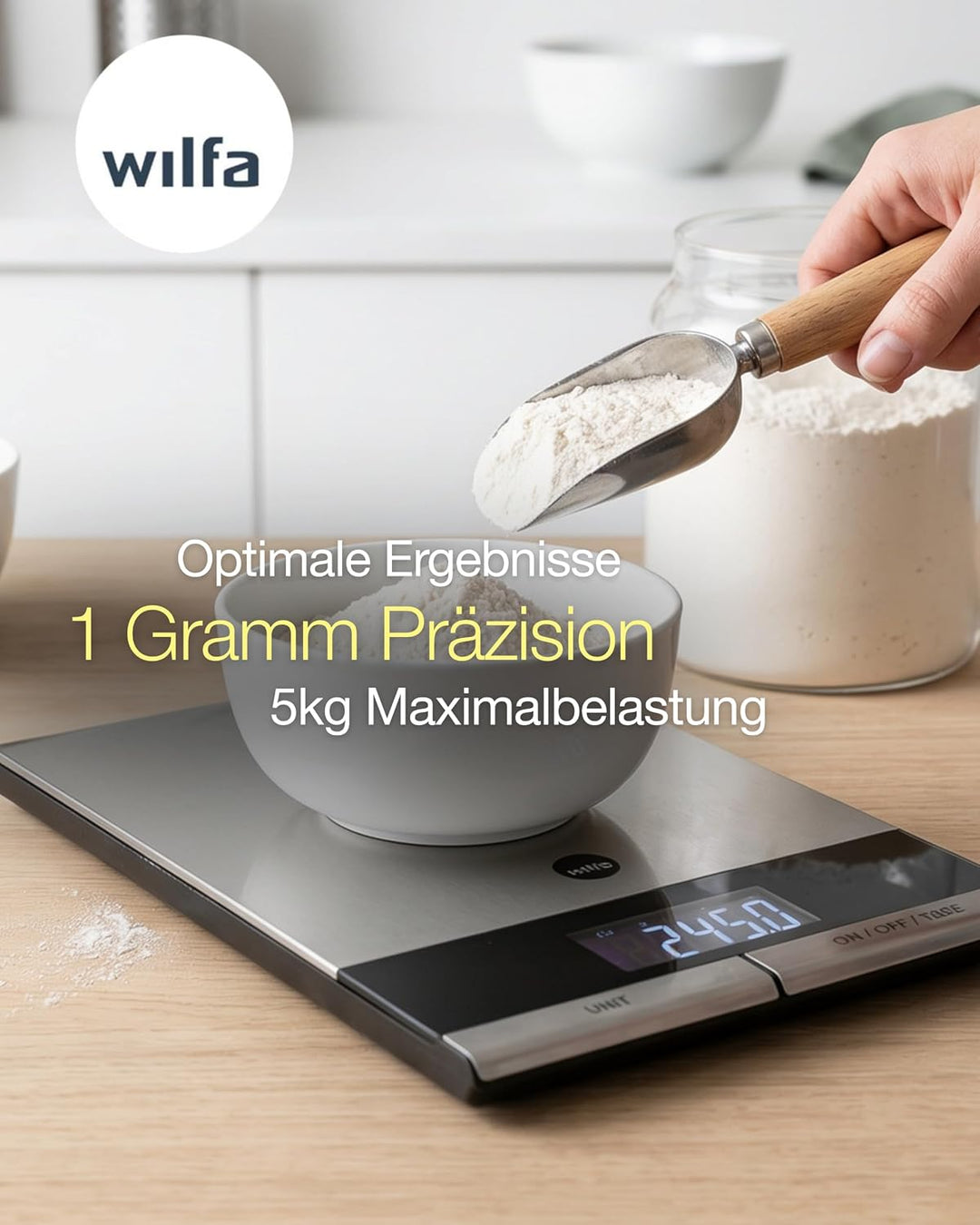 Wilfa GRAM STÅL Küchenwaage - mit einer Kapazität von 5 kg., aus rostfreiem Edelstahl, grosses, gut