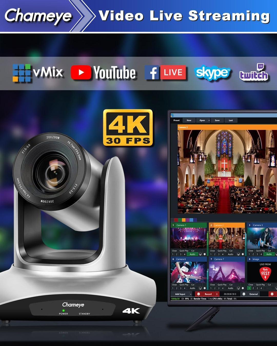 Chameye 4K PTZ Kamera 20x Optischer Zoom mit HDMI, USB3.0 Plug und Play, LAN(PoE) für Videokonferenz