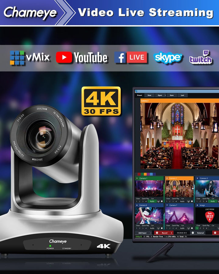 Chameye 4K PTZ Kamera 20x Optischer Zoom mit HDMI, USB3.0 Plug und Play, LAN(PoE) für Videokonferenz
