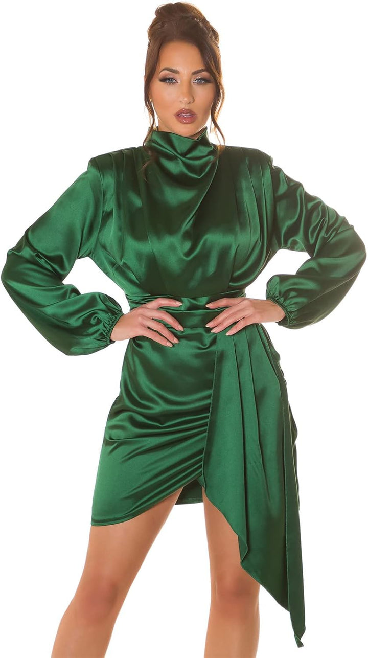 Koucla Damen Satin Minikleid Langarm Kleid Abendkleid mit Stehkragen Einheitsgrösse Grün, Einheitsgr