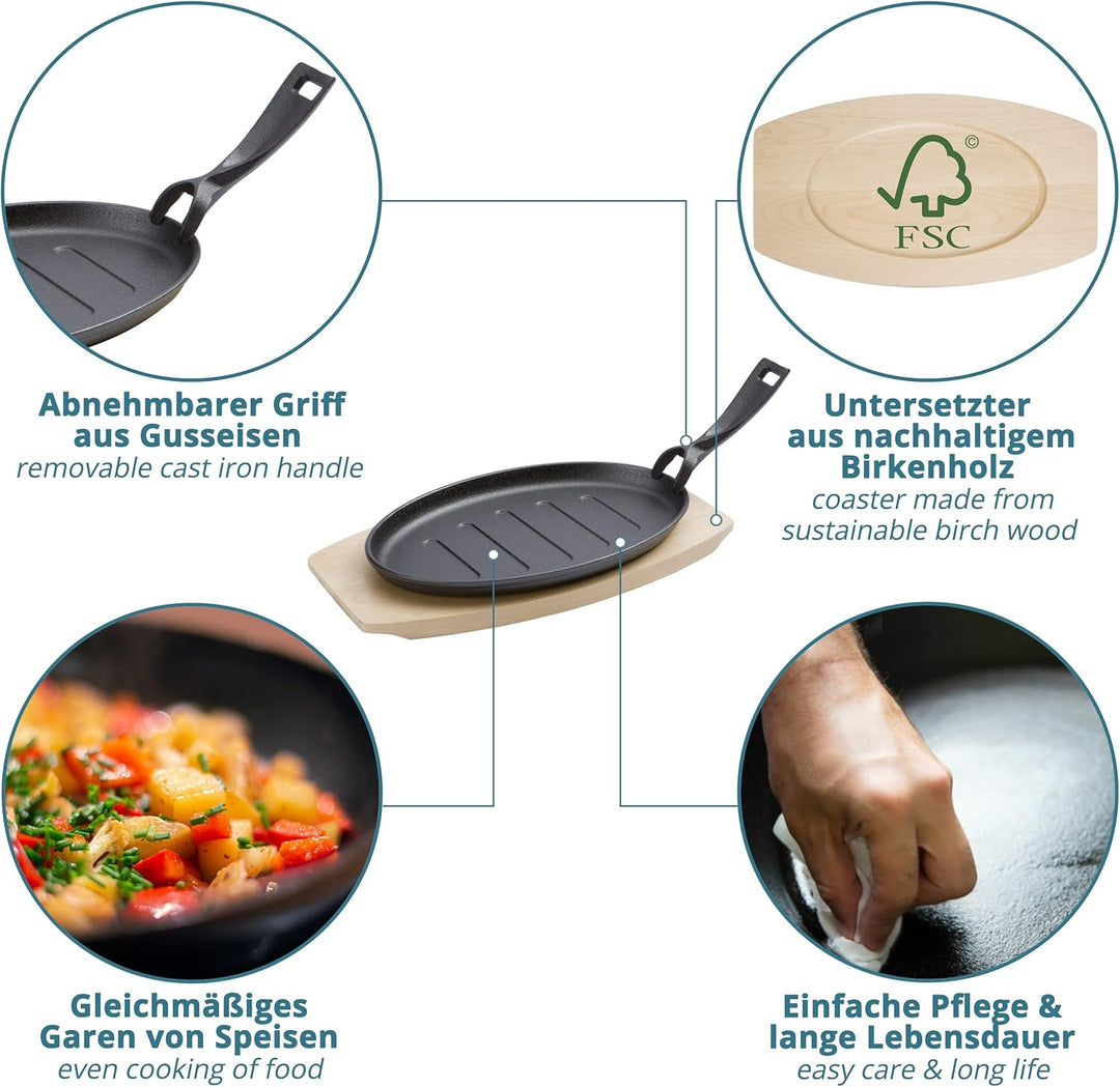 Servierpfannen aus Gusseisen extra Gross mit 27cm – Grillpfännchen inkl FSC Holzuntersetzer 32cm – S