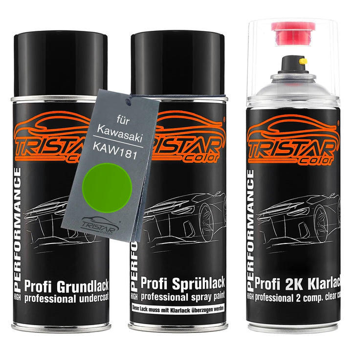 TRISTARcolor Motorradlack 2K Spraydosen Set für Kawasaki KAW181 Candy Lime Green Grundlack Basislack